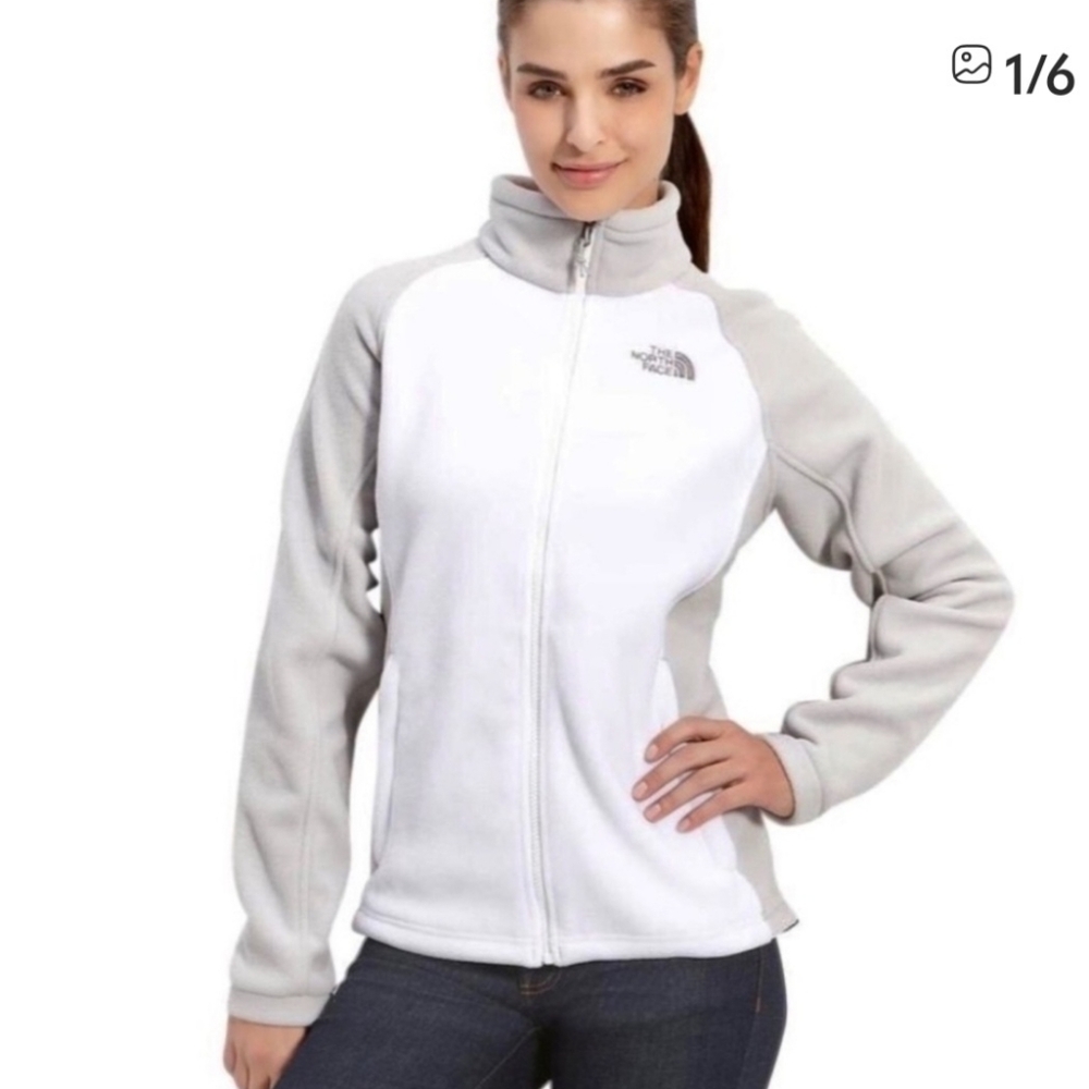 North Face‎ Jacket Women’s Small White Grey Full Zip Fleece Neck Logo